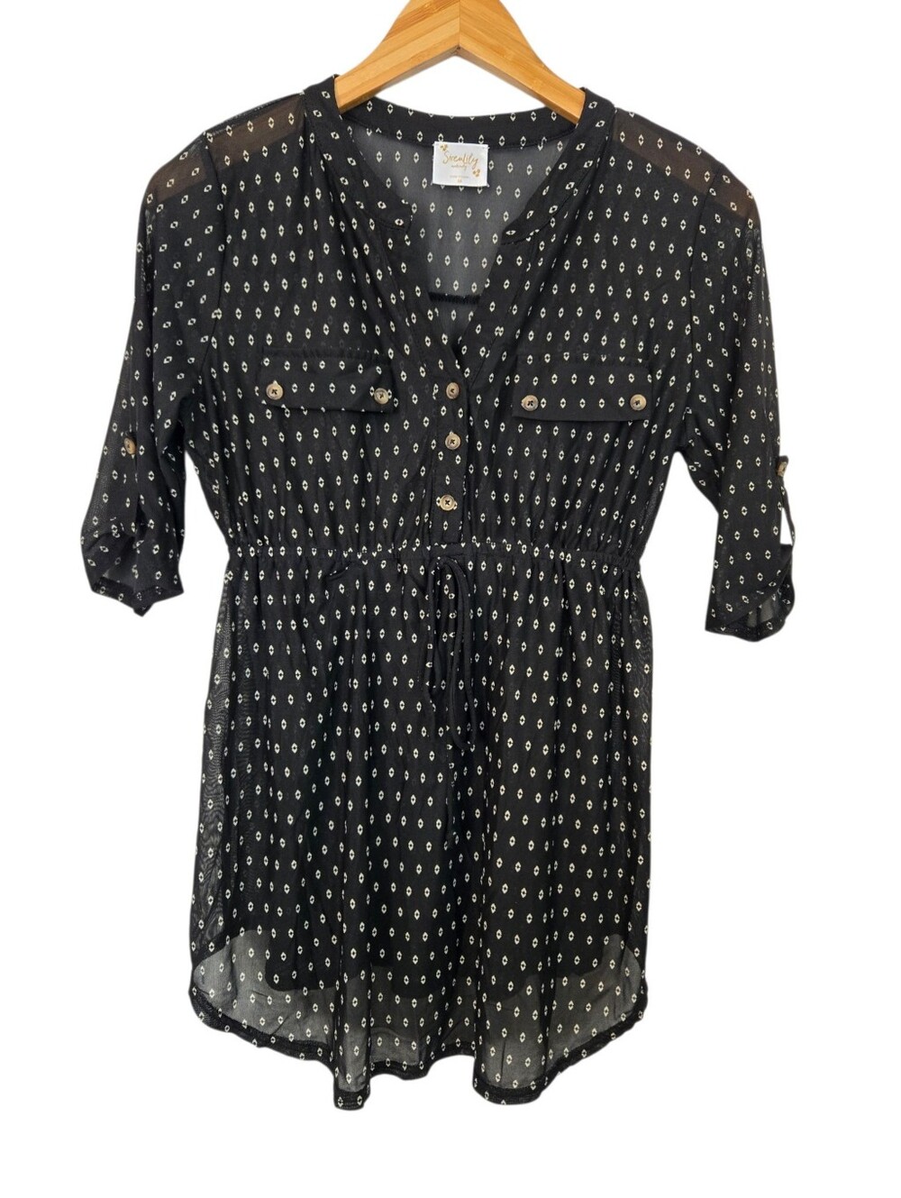 🖤 SirewLily Maternity Black Printed Shirt Size Medium Roll Tab Sleeve